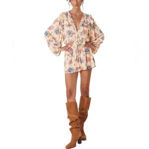 SPELL Solstice Cream Floral‎ Long Sleeve Romper Ruffles Smocking Tassels size XS